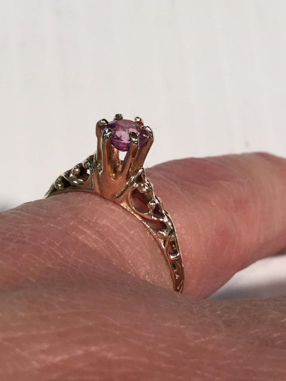 Vintage 14k Yellow Gold Open Work Solitaire Pink … - image 3