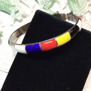 Vintage Enameled Hinged Bangle Bracelet-Sterling Colorful  Safety Chain 7.25”