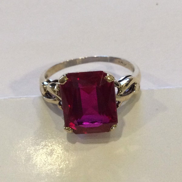 Vintage Imitation Ruby-10k Yellow Gold Mid Century Red Emerald Cut Stone Woman Or Young Lady Statement Ring Size 3.5 FREE Sizing up to a 7