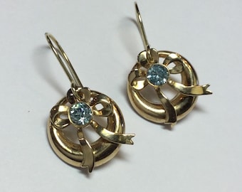 Vintage Art Deco 10k Yellow Gold Blue Zircon Bow Dangle Earrings