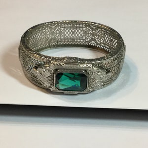 Art Deco Filigree Bangle Bracelet-Large Green Stone Rhodium Hinged