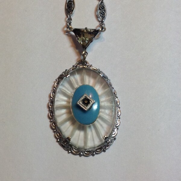 Vintage Art Deco Camphor Glass Crystal Necklace with Blue Center