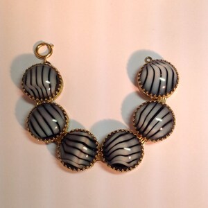 Vintage Mid Century Large Glass Link Costume Bracelet Black and White