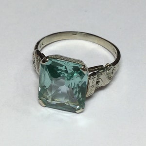 Art Deco Simulated Blue Zircon-14k White Gold Statement Ring Size 7.5