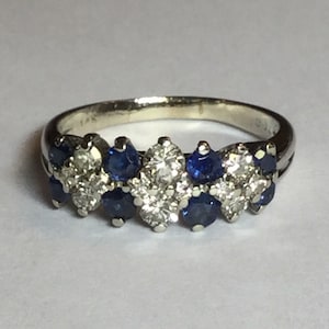 Vintage 14k White Gold Diamond And Genuine Sapphire Band Ring, Wedding or Stackable Ring Size 6.5
