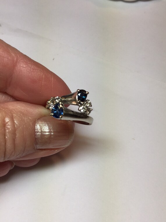 Estate Double Blue Sapphire Diamond Ring-14k Whit… - image 4