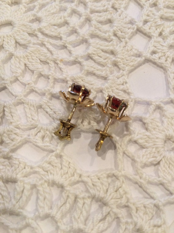 Vintage Garnet Flower Earrings-10k Rosey Yellow G… - image 6