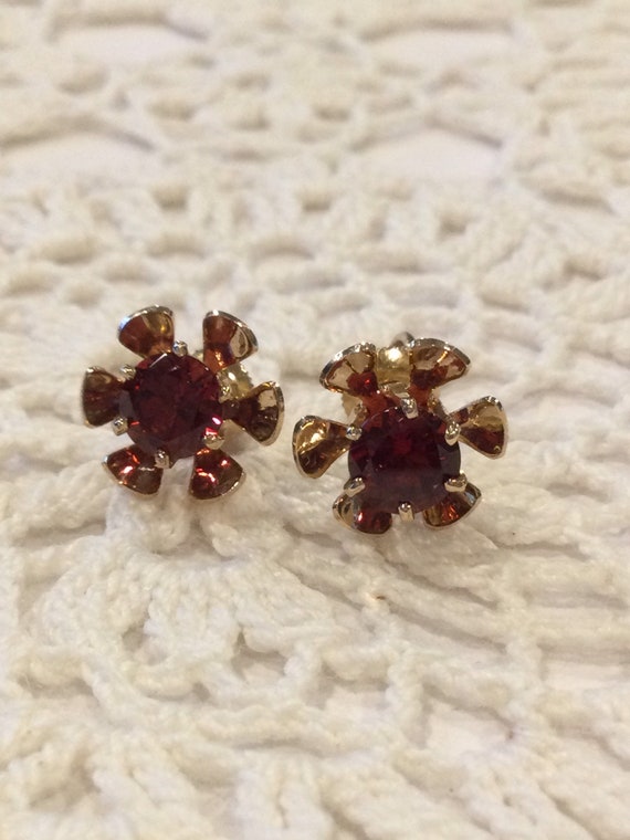 Vintage Garnet Flower Earrings-10k Rosey Yellow G… - image 1