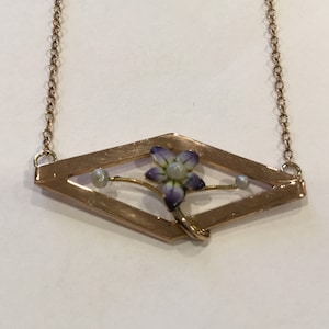 Art Nouveau Enamel Flower Pendant-10k Yellow Gold Dainty Purple Flower With Pearl accents Converted Brooch 19” 10k Chain