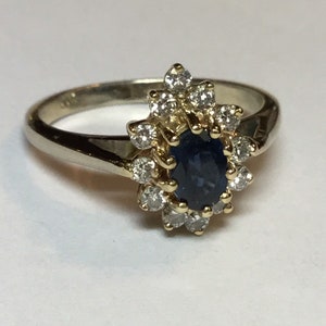 Estate Diamond Sapphire Ring-14k Yellow and White Gold Genuine Stones Statement Ring Size 6.25