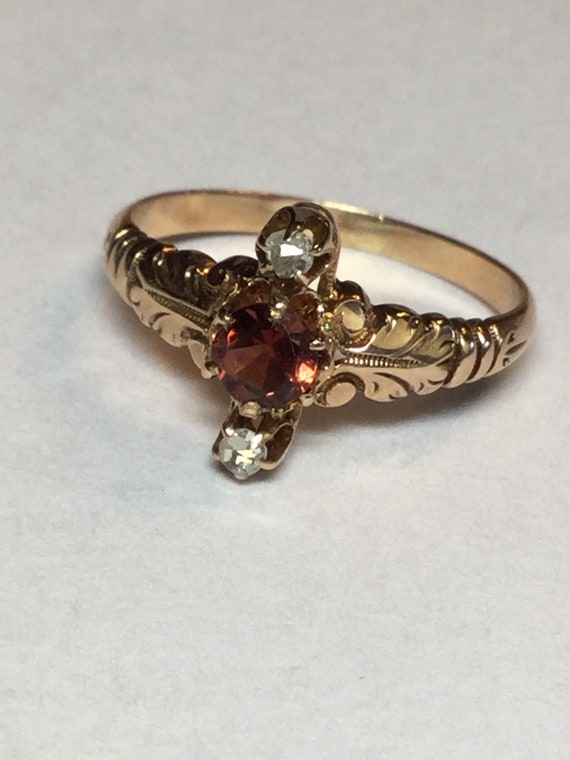 Victorian 9k Gold Garnet Rose Cut Diamond Ring-Re… - image 1