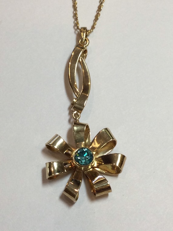 Blue Zircon Mid Century Flower Pendant-10k Yellow 