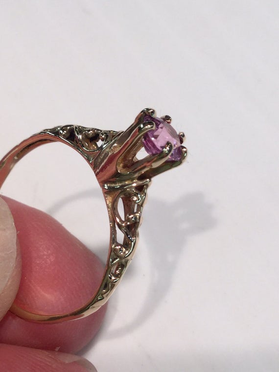 Vintage 14k Yellow Gold Open Work Solitaire Pink … - image 5