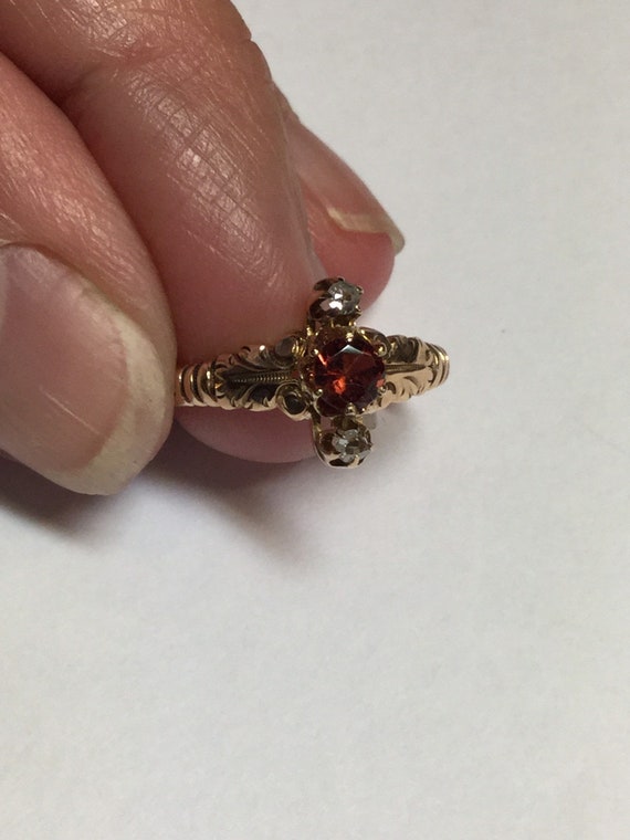 Victorian 9k Gold Garnet Rose Cut Diamond Ring-Re… - image 3
