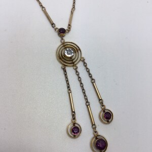 Gold Filled Art Deco Drop Pendant-Necklace With Purple And Clear Paste Stones Fancy Chain 16&quot;