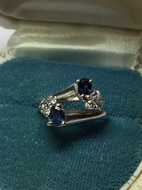 Estate Double Blue Sapphire Diamond Ring-14k Whit… - image 1