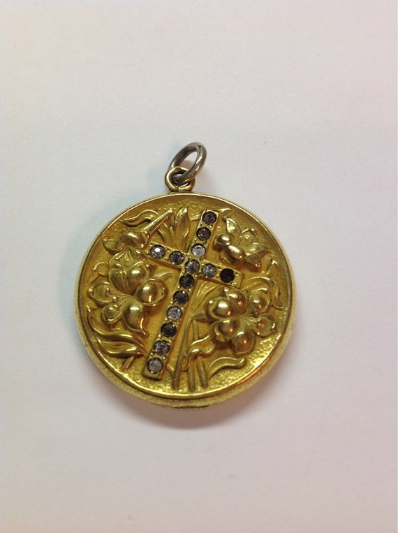 Gold Filled Victorian Floral and Cross Rhinestone… - image 1