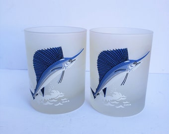 Pair of Frosted Rocks Glasses with Painted Sailfish signed Nina