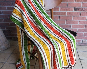 Retro Crocheted Afghan or Throw with Scalloped Edge in Orange, Green, Ivory, and Gold