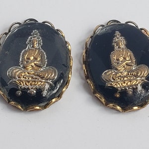 Vintage Pair of Buddha Earrings Glass with Black and Gold Details - No Wires