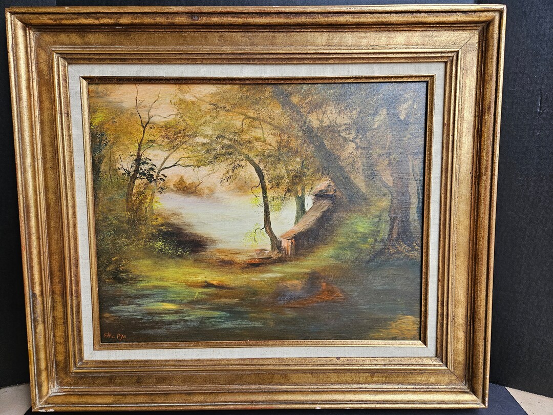 Cabin Landscape Oil Painting Signed Edna Pye- Burnished Gold Wood Frame