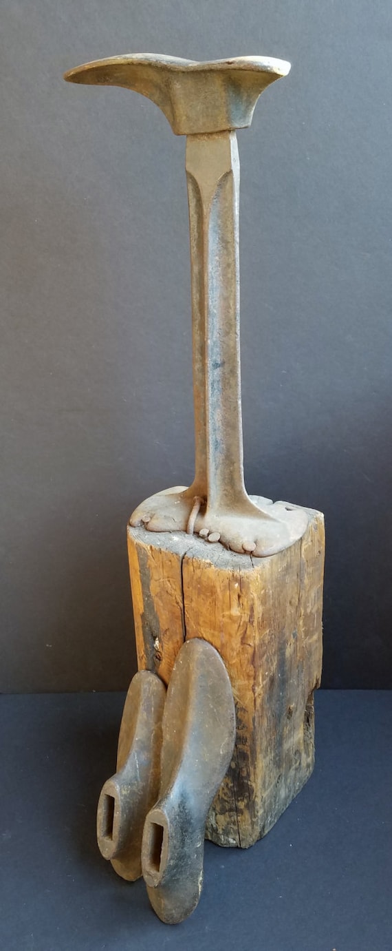 Vintage or Antique Shoe Anvil, Old Wood Stand wit… - image 1