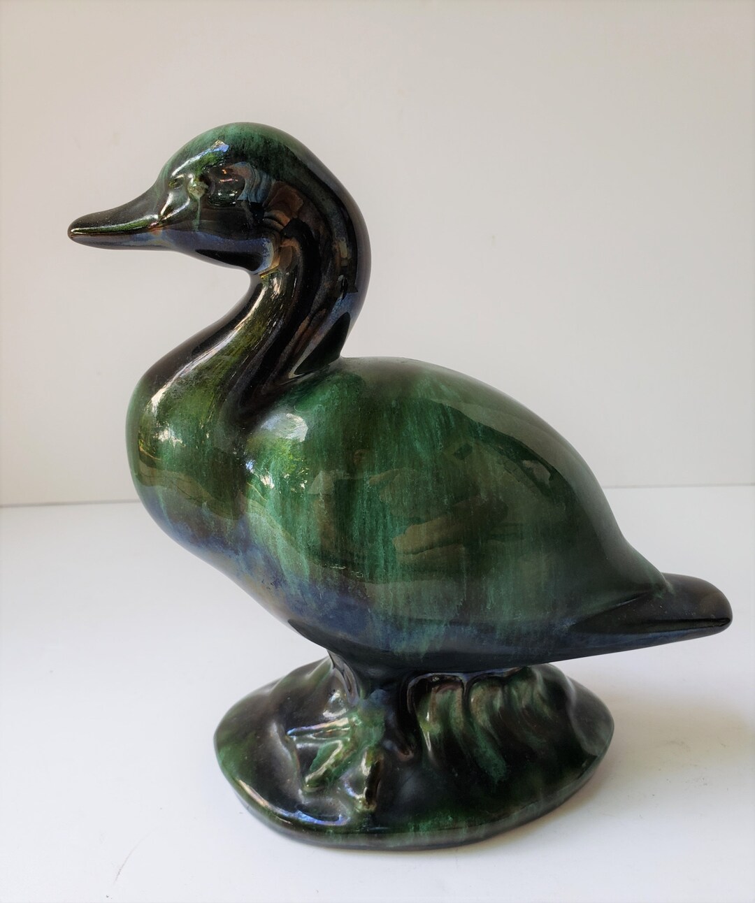 Blue Mountain Style Pottery Duck With Drip Glaze Finish in Deep Blue