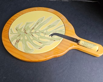 Round Cheese Board Wood Framed Ceramic Tile w/Knife
