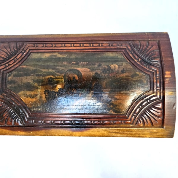 Vintage Carved Wood Footed Box with Covered Wagon Caravan Scene Brass Hinges and Handles