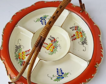Vintage Round Unique Flowers Orange Rim and Gold Scalloped Edge Divided Serving Dish with Handle