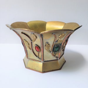 Brass Bowl with Stones in Floral Detail Flared Octagonal Rim and Foot Marked China