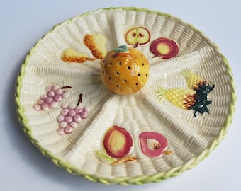 Ceramic Divided Serving Platter Fruit and Basket Look with Pick Holder in Center Made in Japan