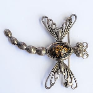 Dragonfly Brooch with Faux Amber Cabochon Set Stone - Sterling Silver