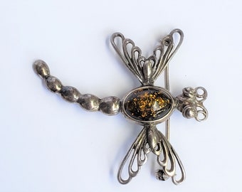 Broche de libélula con cabujón de ámbar sintético - Plata de ley