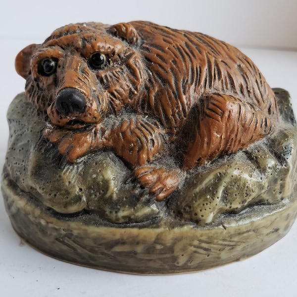 Vintage Hollow Porcelain Brown Bear Laying on Rock