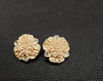 Pair of Celluloid Floral Clip Earrings with Three Rhinestones