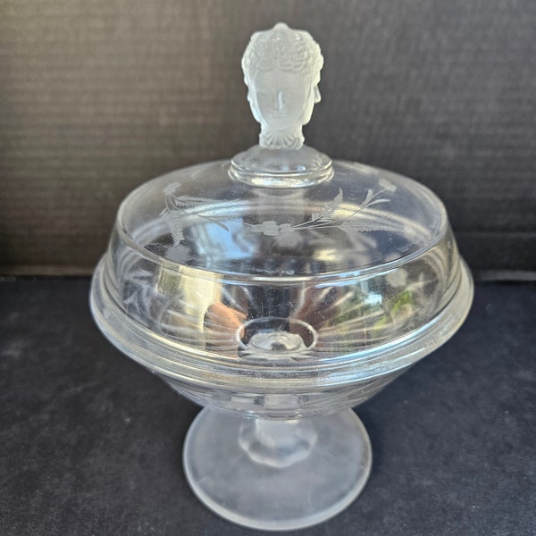 Duncan & Miller Pressed Glass Daughters of Eve Compote with Frosted Finial and Stem - Etched Floral Details