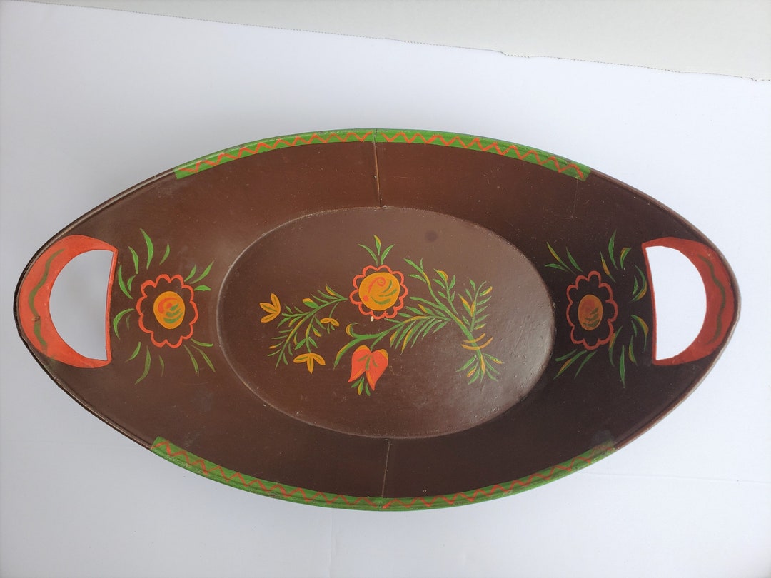 Tin Bowl Decatur Folk Style Oval Painted Tin Bowl With Cut Out Handles - Toleware - Etsy