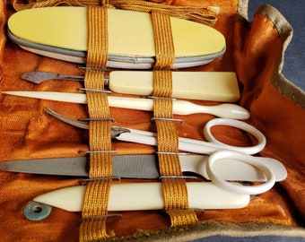Vintage Manicure Kit: Leather Case with Orange Satin Interior