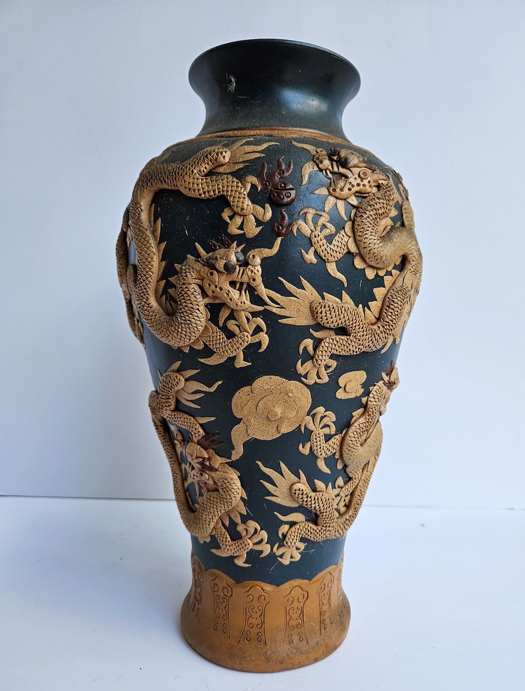 Large Blue Pottery Vase With Raised Dragons Asian Theme Signed Etsy