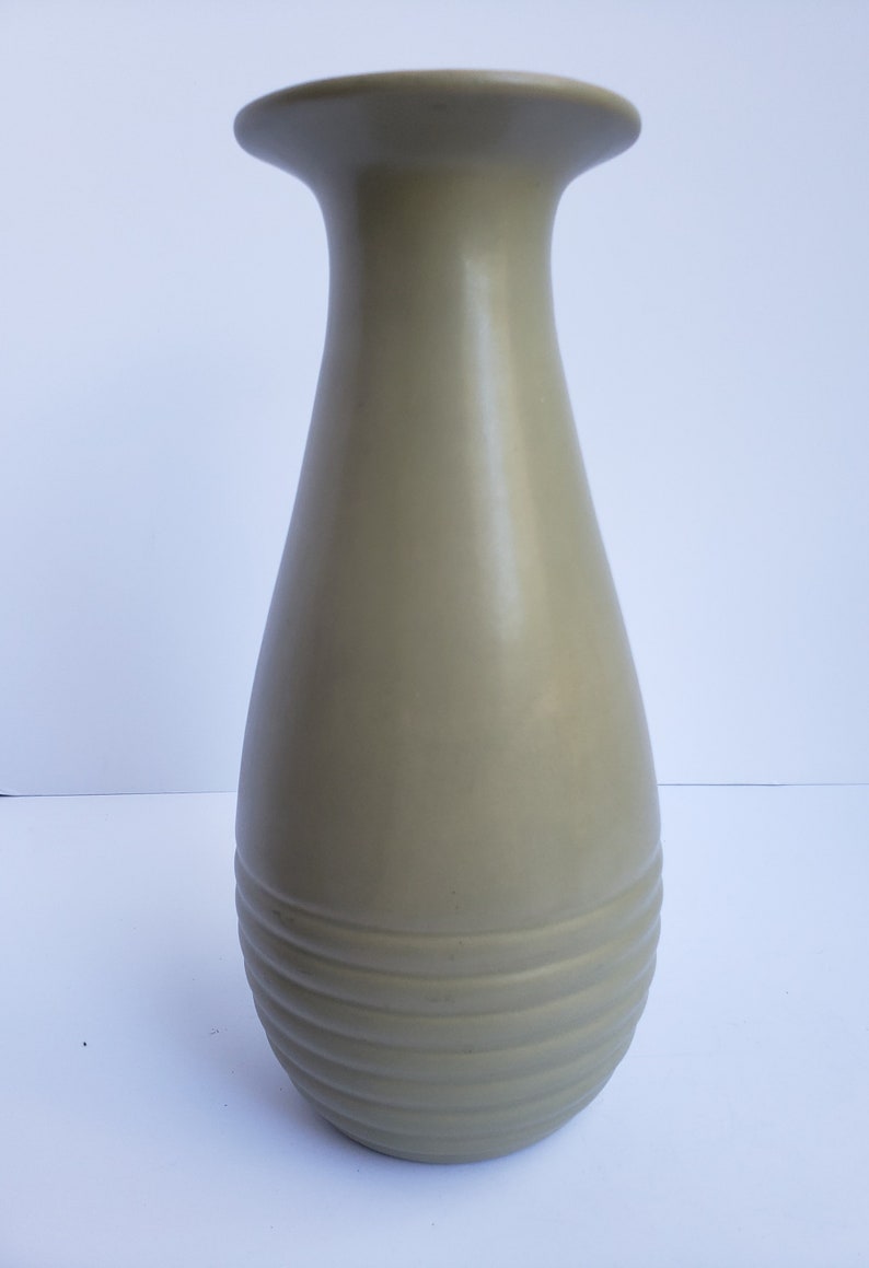 Slender Neck and Flared Rim Tall Slender Bulb Style Green Haeger Pottery Vase with Indented Banded Detail
