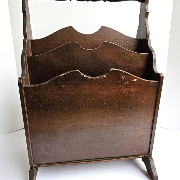 Vintage Wood Magazine Rack with Four Sections, Turned Wood Handle and Curved Wood Sides by Ferguson NJ - Walnut