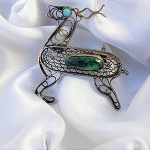 Sterling Filigree Deer Brooch with Polished Blue and Green Stone
