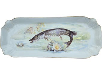 Pike Fish Tray: Large White Rectangular Tray with Floral & Gold Trim