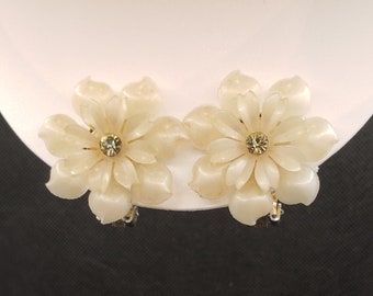 Pair Soft Plastic Flower Clip Earrings with Single Rhinestone Center