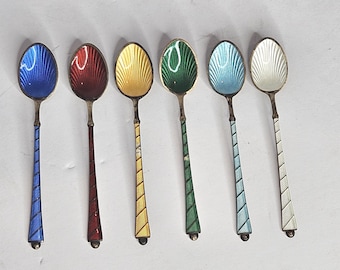【美品】ELA デンマーク製 エナメルスプーン 6本 925スターリングシルバー Set of Four Ela Denmark Sterling Silver Enameled Demitasse Spoons
