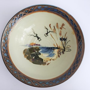 Glossy Studio Pottery Bowl with Pond Scene w/Jumping Frogs and Dragonfly - Artist Signed