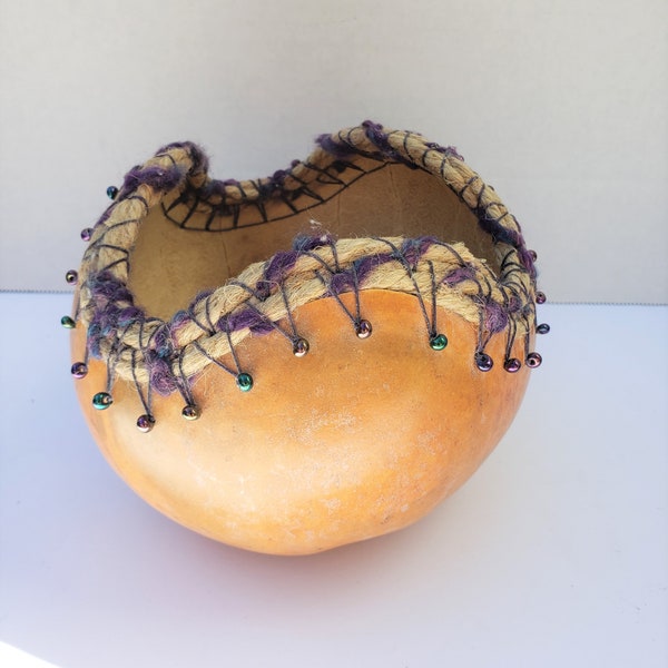 Natural Gourd Vase with Wavy Rim, Sewn Beads, Jute, and Purple Thread