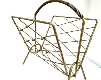 Vintage Gold Metal Magazine Rack with  Criscross Ball Detail and Coiled Metal Handle