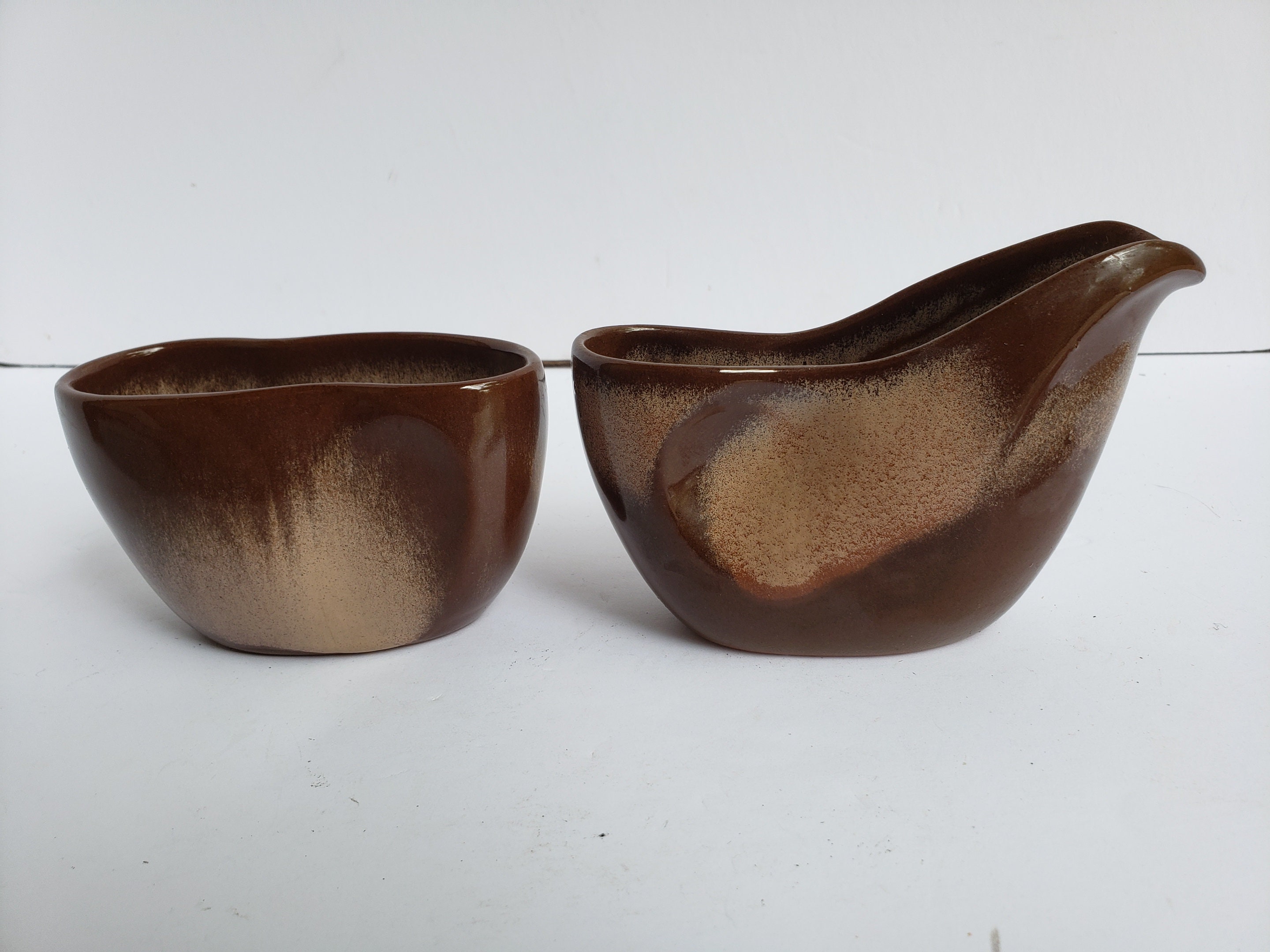 Frankoma Brown Desert Unique Shaped Ceramic Creamer and Sugar - No Covers